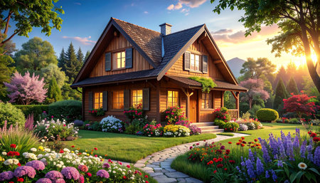 Beautiful cozy house in the garden with blooming flowers on the lawn.の素材