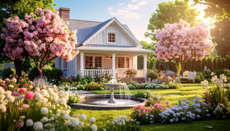 Luxury house in the garden with beautiful blooming flowers.の素材