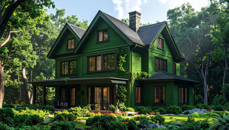 Green house in the park with green grass and trees in the backgroundの素材