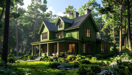 Wooden house in the forest with a beautiful landscaped garden.の素材