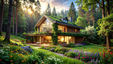 3d rendering of modern cozy chalet with pool and parking for sale or rent. Beautiful forest mountains on background. Massive timber beams columns. Clear sunny summer evening with blue sky.の素材