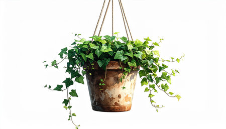 Plant in pot hanging on rope isolated on white background, clipping path includedの素材