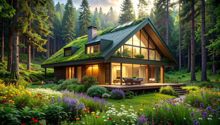 3d rendering of modern cozy chalet with pool and parking for sale or rent. Beautiful forest mountains on background. Massive timber beams columns. Clear summer night with shiny sunlightの素材