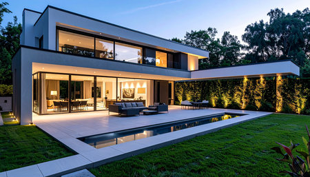 Luxury modern house with swimming pool and garden at dusk.の素材