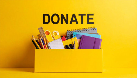 Box with school supplies on yellow background. Concept of education and back to school.の素材