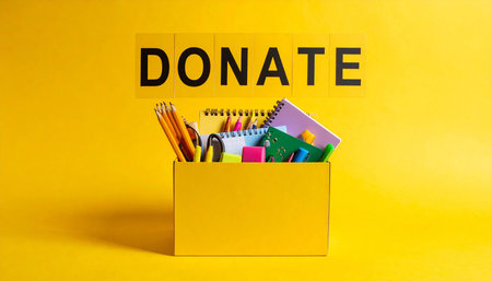 Donate text on yellow background with office supplies in a box.の素材