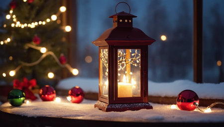 Lantern with burning candle and Christmas ornaments on snowの素材