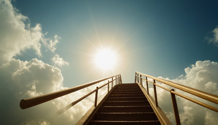 Stairway up to sky with sun and lens flare filter effectの素材