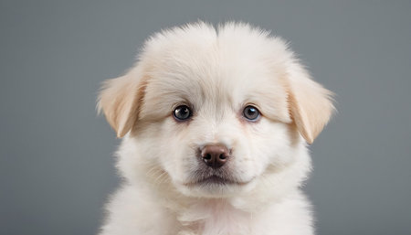 Studio shot of an adorable Pomeranian puppy against grey background.の素材