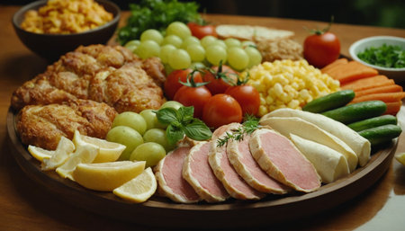 Plate with delicious food on wooden table, close-up.の素材