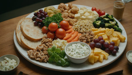 Healthy breakfast with fresh vegetables, fruits and cheese on wooden tableの素材