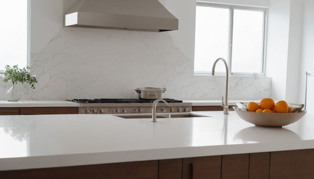 interior of modern kitchen with white marble countertop and built in cookerの素材