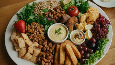 Vegetarian food in a restaurant. Healthy food on the tableの素材