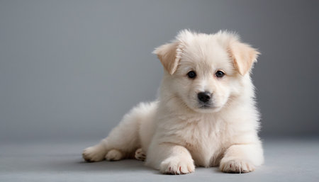 Studio shot of an adorable Pomeranian puppy sitting on grey background.の素材