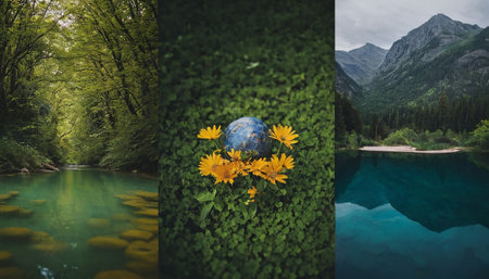 Collage of nature photos with a planet in the middle of the lakeの素材