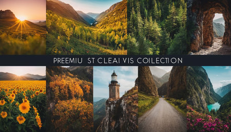 Collage of photos of the beautiful nature of the Caucasus mountains in summerの素材