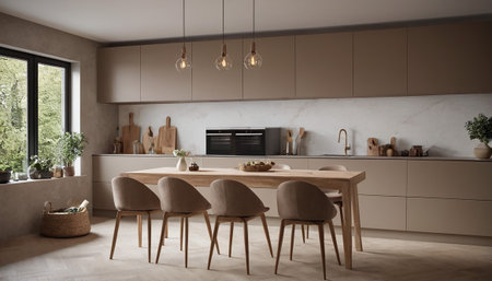 Interior of modern kitchen with beige walls. 3d renderingの素材