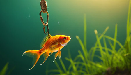 Gold fish on hook in aquarium with green grass and water background.の素材