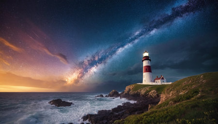 Panorama of a lighthouse at night with starry sky and milky wayの素材