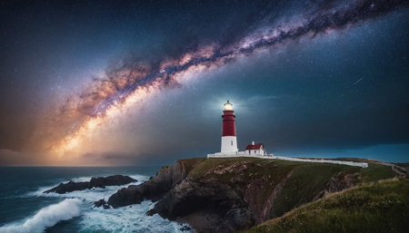 Lighthouse at night with milky way and stars. Collage.の素材