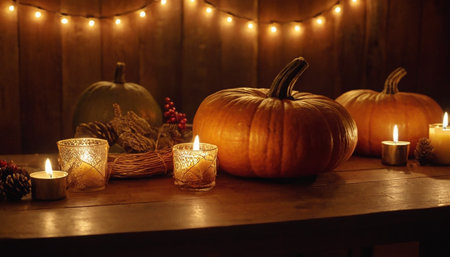 Halloween still life with pumpkins, candles and decorations on wooden backgroundの素材