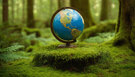 Globe on moss in the forest. Travel and tourism concept.の素材