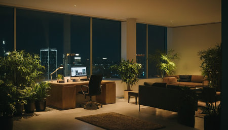 Interior of modern office at night with city view. 3d renderingの素材