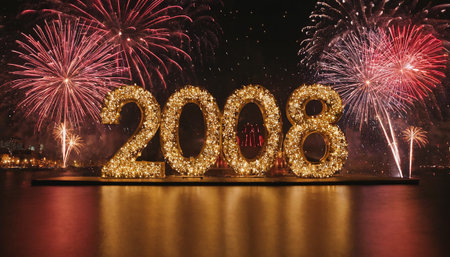 Happy New Year 2018 with fireworks on the background of the river.の素材