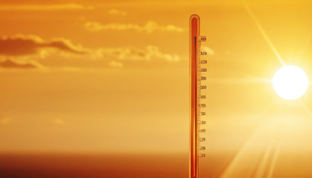Thermometer on the background of the setting sun. 3d renderingの素材