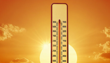Thermometer showing high temperature on the background of the setting sunの素材