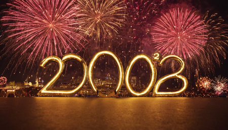 Happy New Year 2023 celebration with fireworks in the night sky.の素材