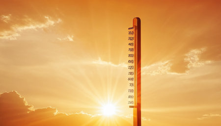 Thermometer showing high temperature against the backdrop of the setting sunの素材