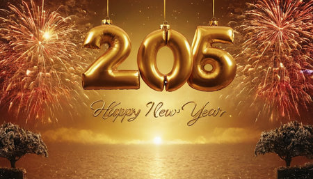 Happy new year 2016 with golden numbers and fireworks on a dark backgroundの素材