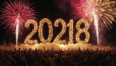 New Year 2019 celebration with fireworks and crowd of people at a concertの素材