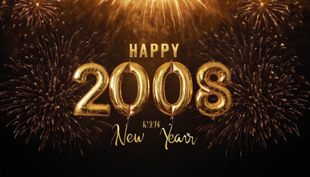 Happy New Year 2018 gold balloons with fireworks and golden text on black backgroundの素材
