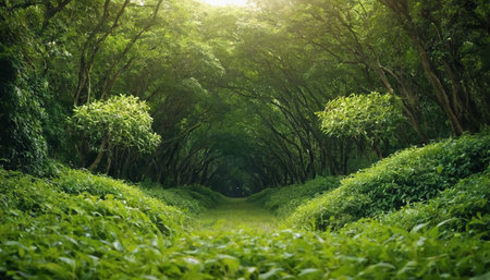 Green tea plantation in the morning, Sri Lanka. Green tea plantation in Sri Lanka.の素材