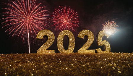 Happy New Year and Merry Christmas background with golden numbers 2022 and fireworksの素材