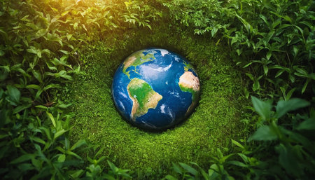 Earth planet on green grass background. Global warming and climate change conceptの素材