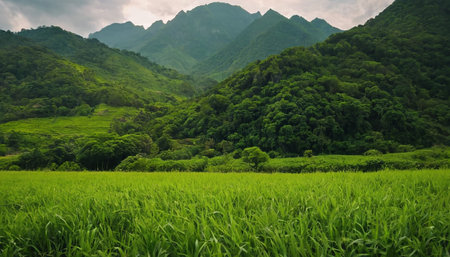 Beautiful landscape of green rice field and mountain in the morning.の素材