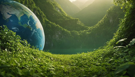 Ecology and environment concept. Planet earth and green nature background.の素材