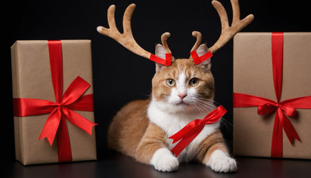 Cute cat with reindeer antlers and gift boxes on black backgroundの素材