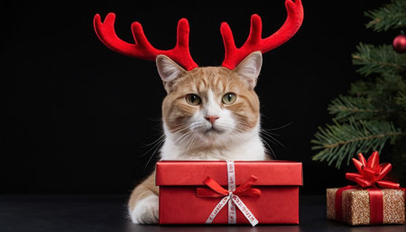 Red cat with christmas gift and deer antlers on black backgroundの素材