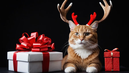 Portrait of a red cat with antlers and gift boxes on black backgroundの素材