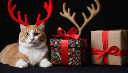 Cute red cat with reindeer antlers and gift boxes on black backgroundの素材