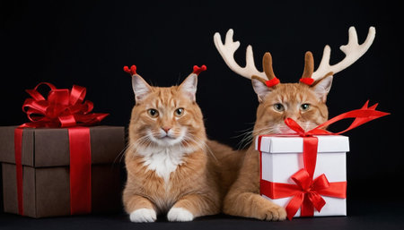 Two red cats and a gift box on a black background. Christmas theme.の素材