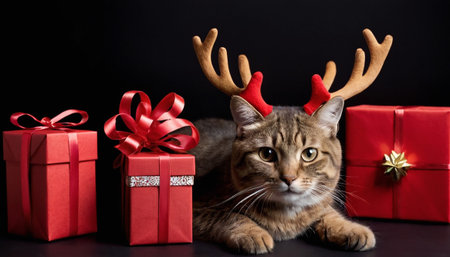 Maine Coon cat with antlers and gifts on black backgroundの素材