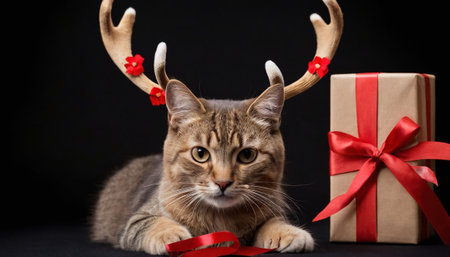 Portrait of a tabby cat with antlers and gift box on black backgroundの素材
