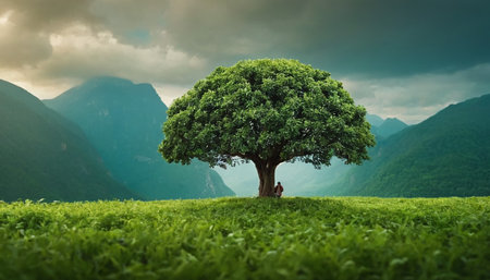 Green tree on the meadow with mountains in the background. 3d renderingの素材