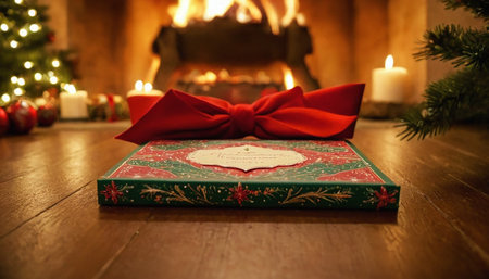 Gift box with a red bow on the background of the fireplaceの素材