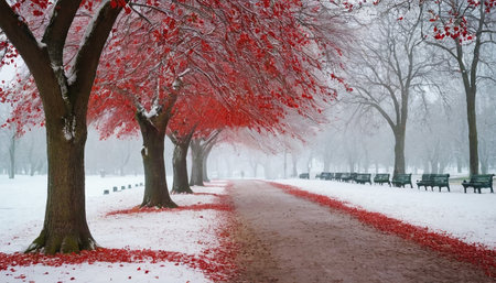 Beautiful trees in a park in winter, with snow and fogの素材